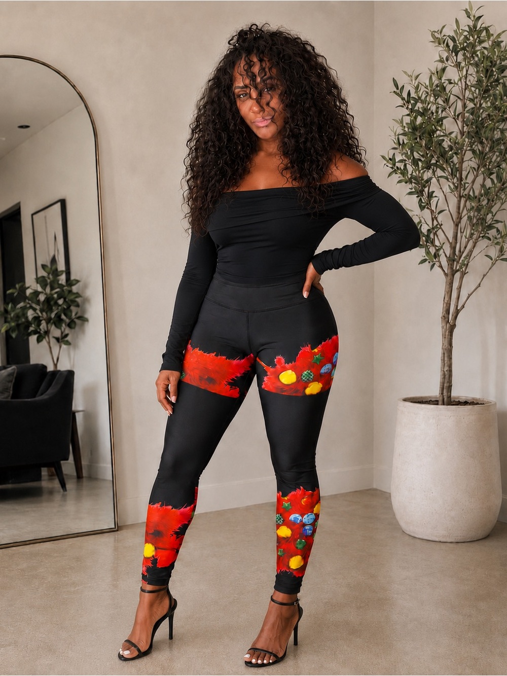 High-Rise Black Leggings with Red Graphic Accents